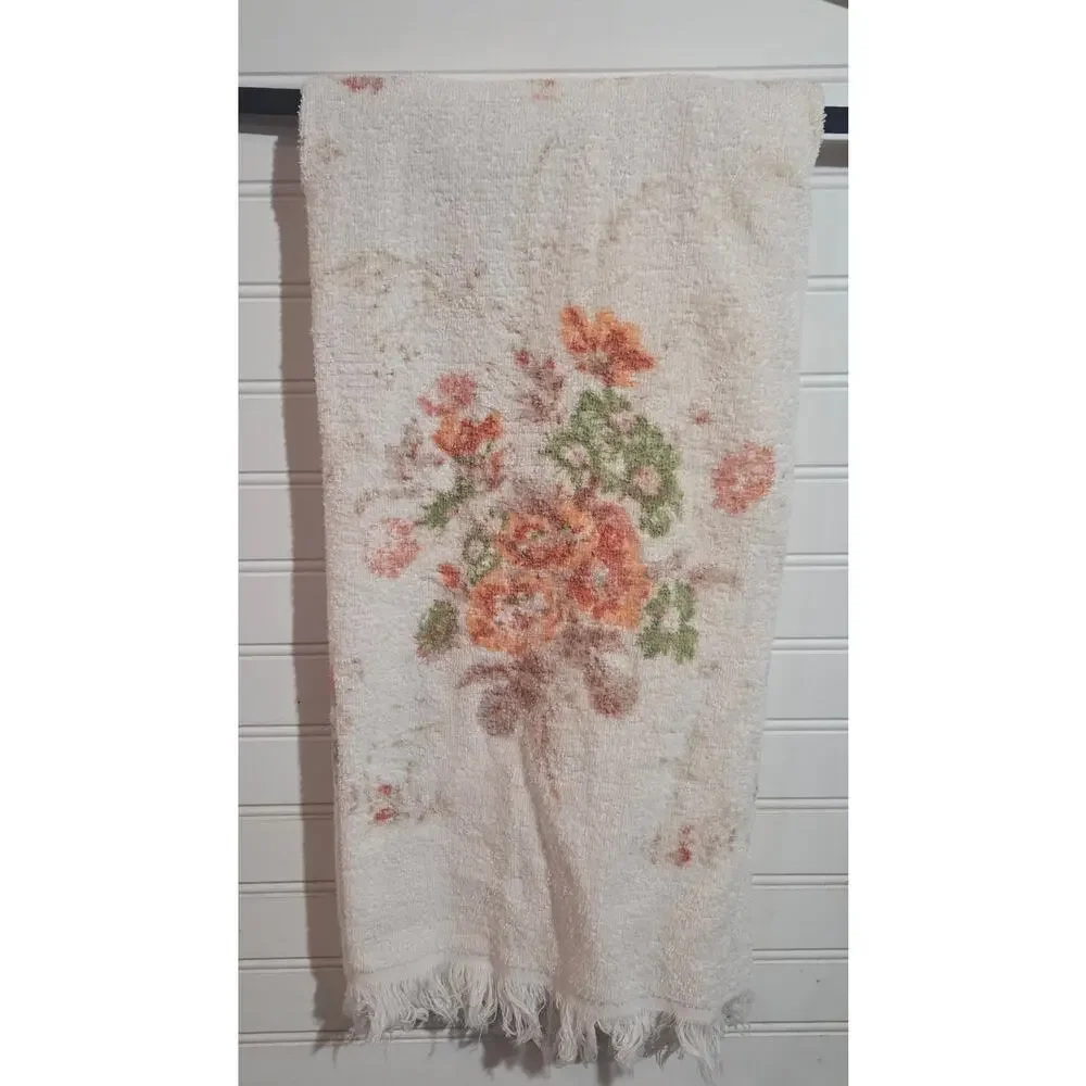 Vintage Floral Terry Cloth Hand Towel Cottagecore Shabby Chic Fringe